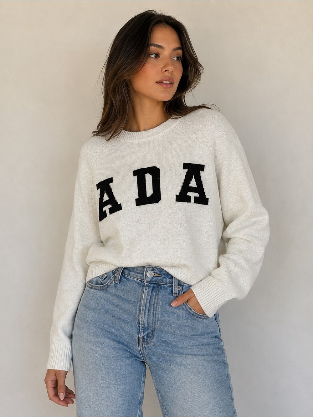 Adanola ADA Logo Knit Sweater White Black Crewneck Pullover Size Small